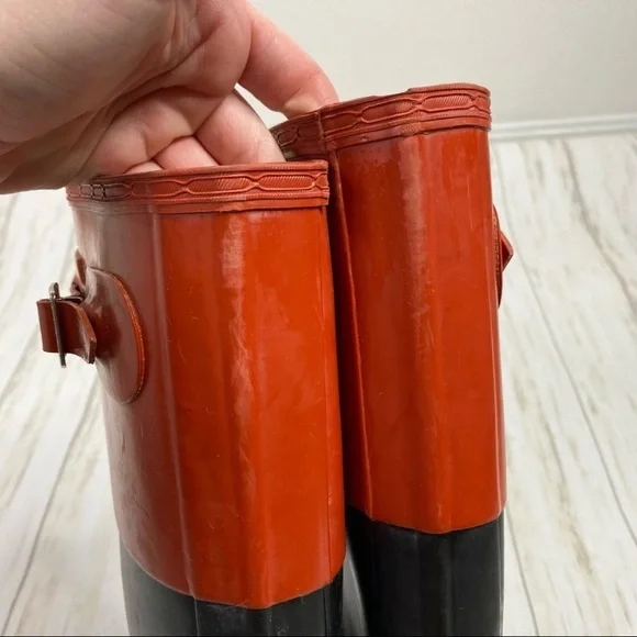 Hunter Orange Red and Black Color Block Rubber Rain Boots - Picture 7 of 11